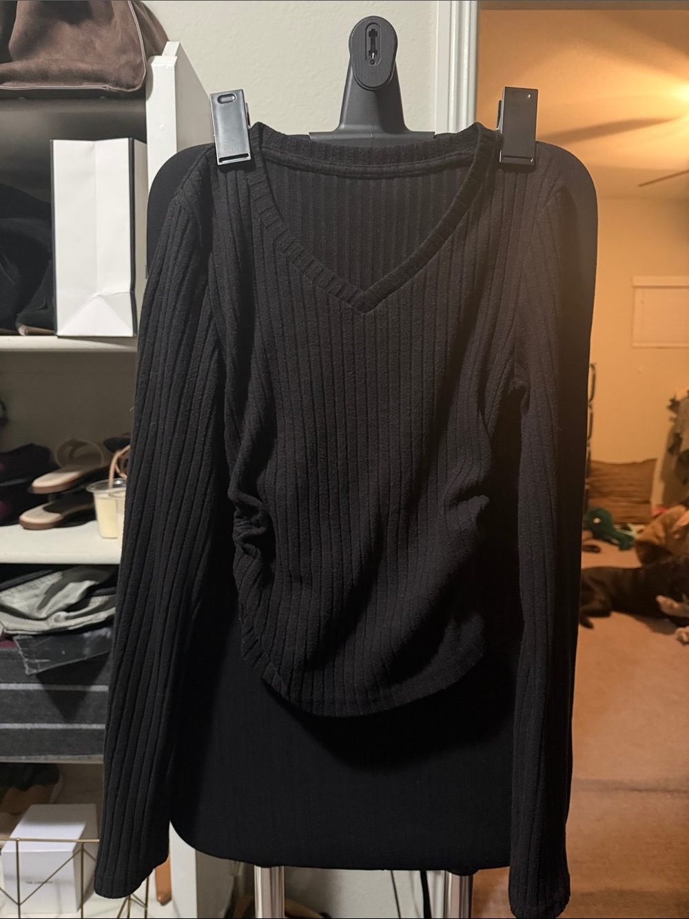 NWOT Commense Black Ribbed V-Neck Long Sleeve Top